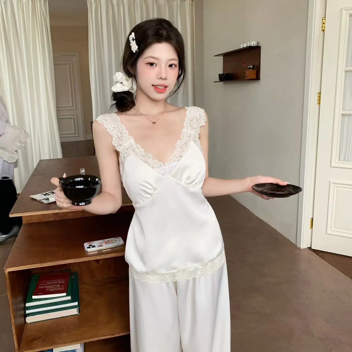 レースサテンホルターショーツセット胸パッド付きセクシーなウェアラブルホーム服クール汗をかかないパジャマ女性夏-v-ネックノースリーブ