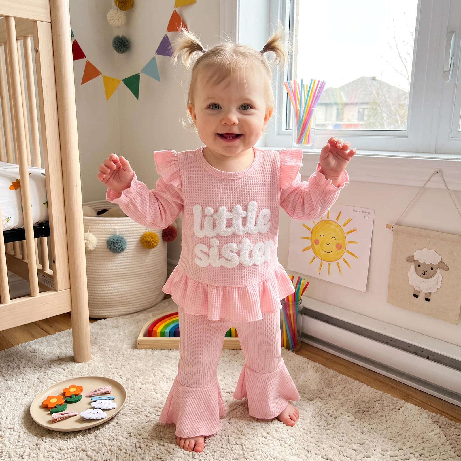Toddler Girl Outfit Long Sleeve Crew Neck Tops and Bell Bottom Pants Set
