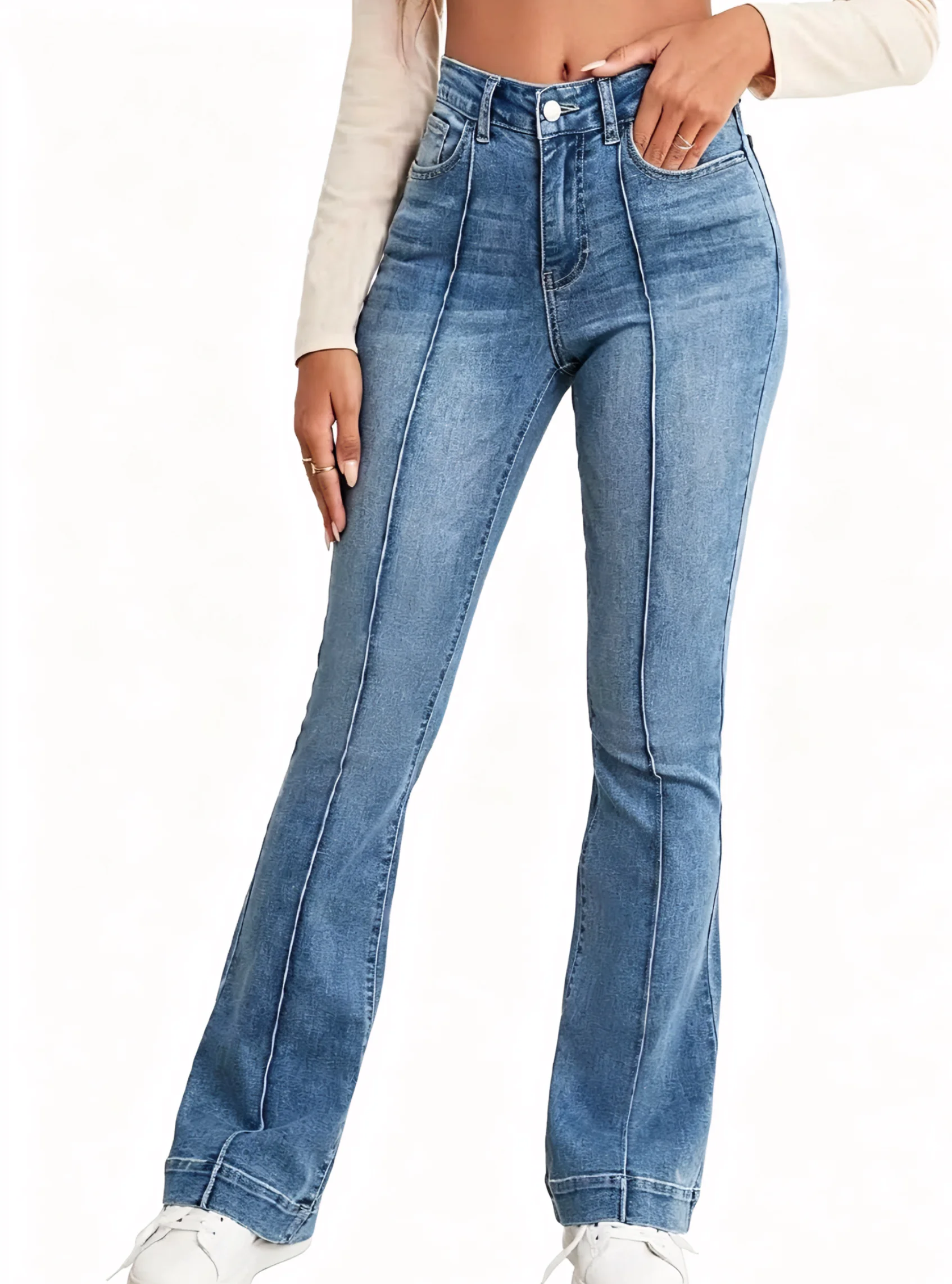 

High Waist Bell Bottom Jeans Women Light Blue High Elastic Slim Fit Long Pants Leg Lengthening Effect