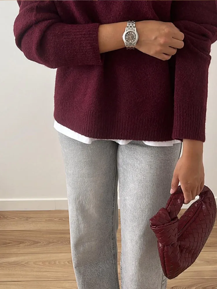 2024 New Woman Burgundy Color Knit Pullover Fashion O Neck Long Sleeve Sweater Autumn Winter Female Commute Chic Warm Pullovers