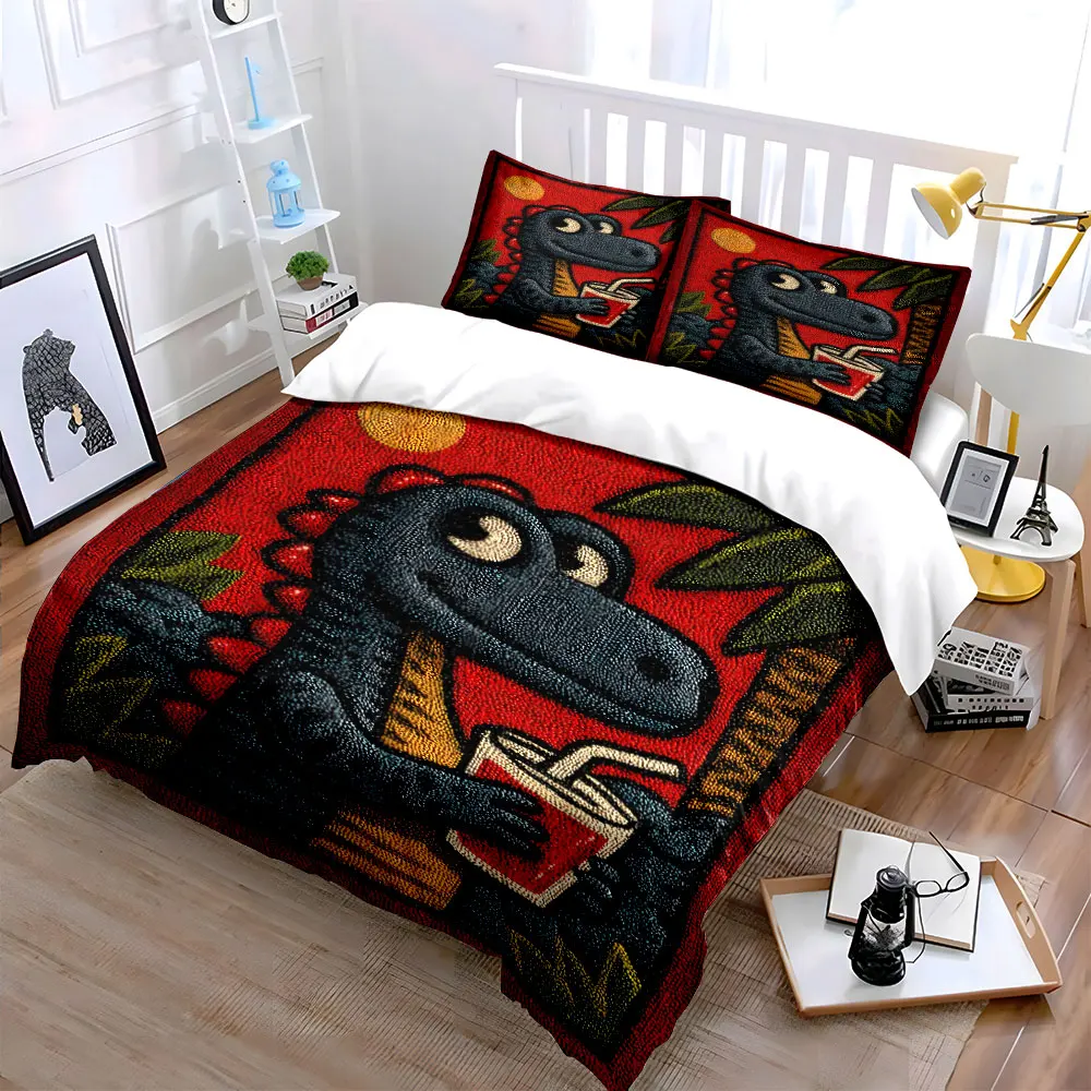 Smiling dinosaur drinking beverage Printed Duvet Cover Set 1 Duvet Cover+2 Pillowcase Multi Size Bedroom Bedding Decor