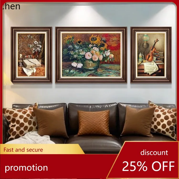 Ht  new floral living room tea room decorative painting sofa background wall hanging retro triptych mural