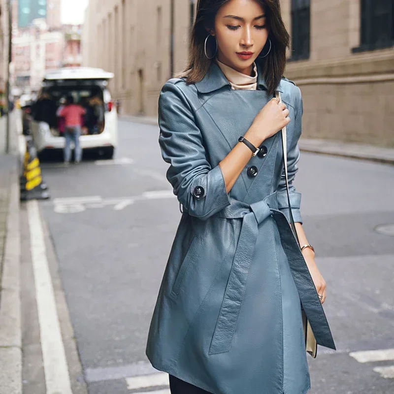 YOLANFAIRY ファッションリアルレザージャケット女性秋ハイストリートミッドレングスレザーコート女性服黒ベルト裏切りコート