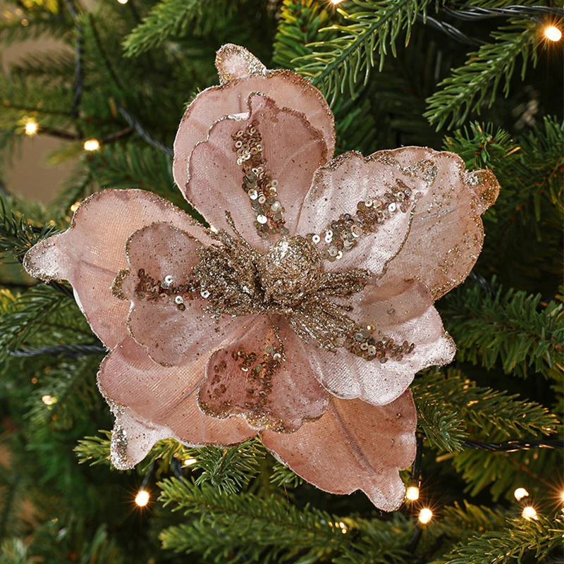 2pcs Glitter Artifical Christmas Flowers Merry Christmas Tree Decoration Fake Flowers For Home Christmas Decoration