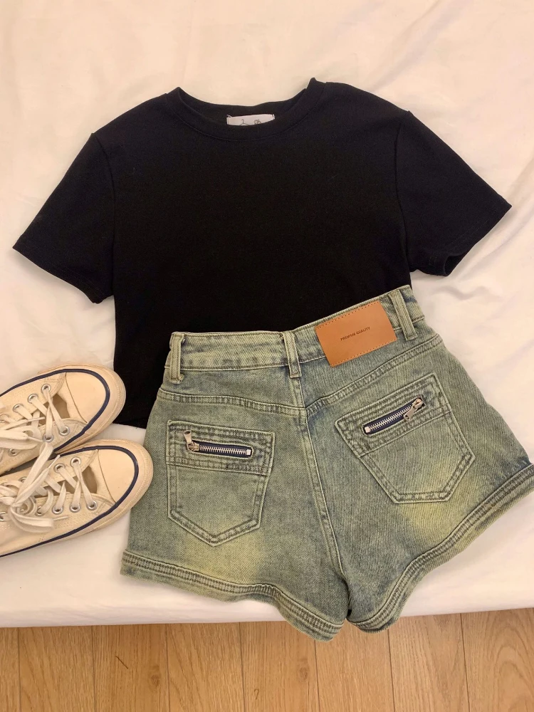 레트로 아메리칸 디스트레스드 청바지 여성 슬림핏 스트레이트 캐주얼 스커트 섹시 핫팬츠 하이웨이스트 여름 데님