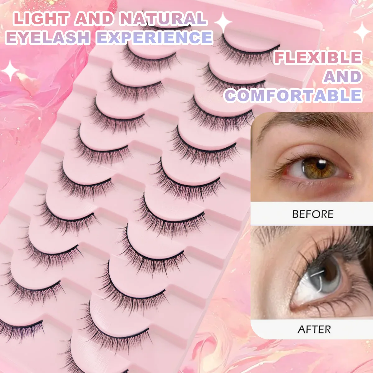 10쌍 자연스러운 풀 속눈썹 플러피 슬림 일상용 만화 속눈썹 여행 필수품 E-래쉬즈 인조 속눈썹