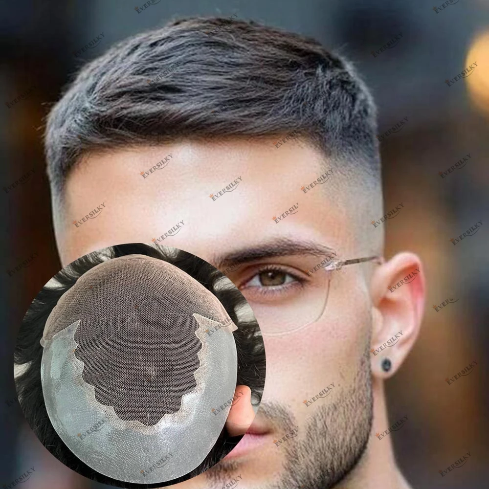 

Мужской парик-накладка из 100% натуральных волос (Remy) с кружевной основой и дышащей основой из кружева и полиуретана для мужчин с облысением, черный/глубокий черный