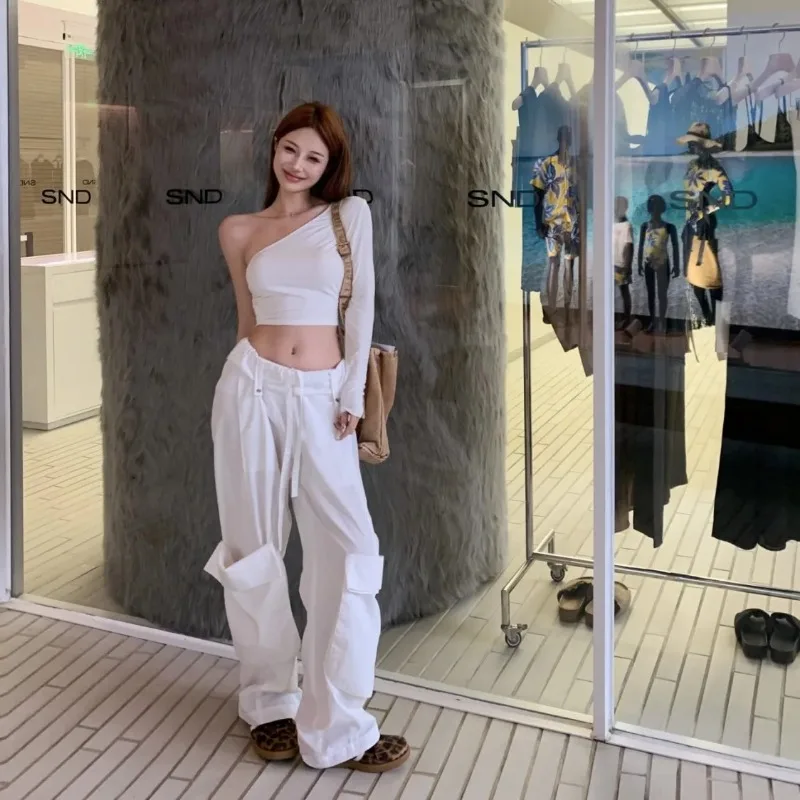 

Women's American Y2K Two-Piece Outfit One Shoulder Crop Top & Low Waist Wide Leg Cargo Pants Summer Streetwear