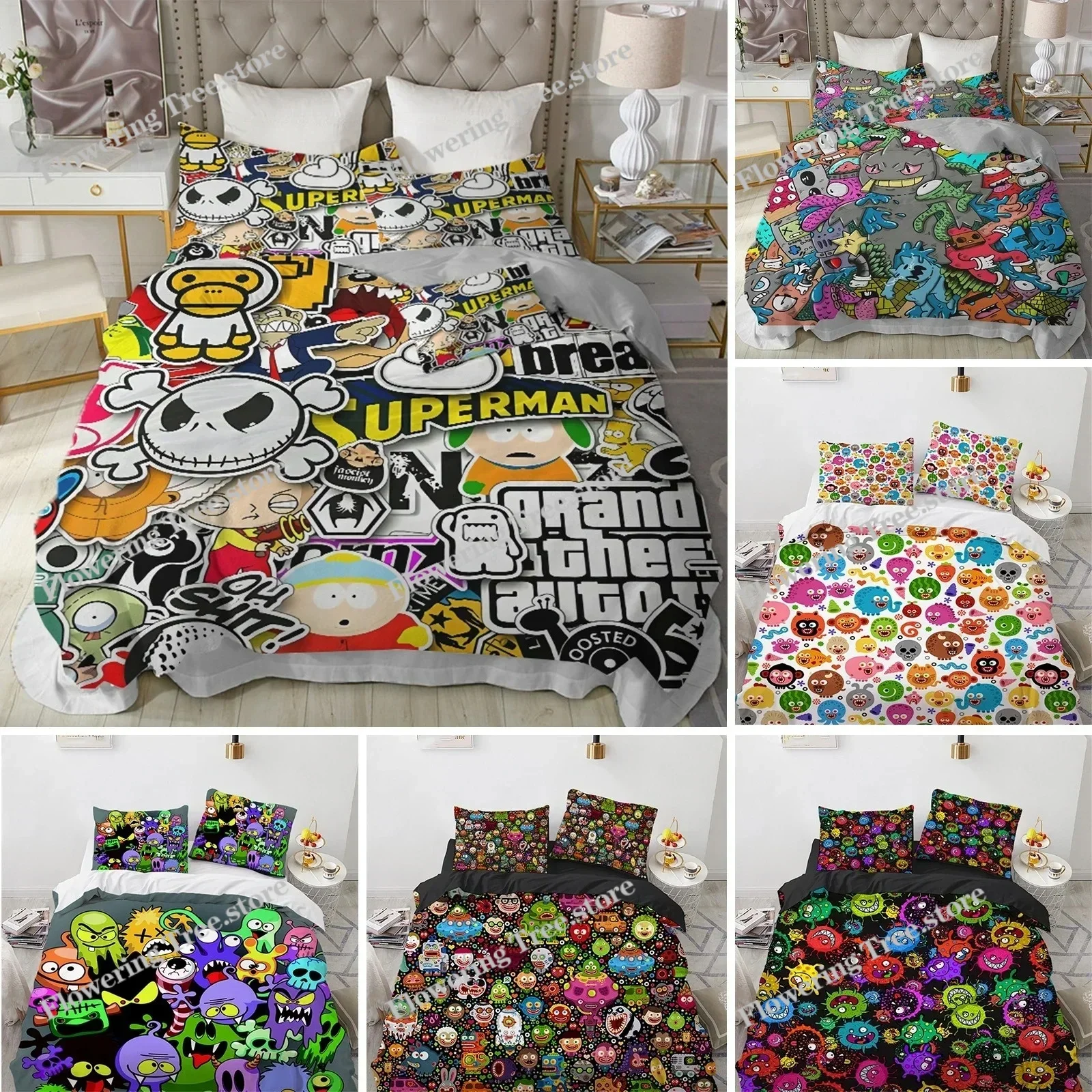 Cartoon Monster Duvet Cover King Queen Size Lovely Funny Animal Bedding Set for Kids Boys Girls Anime Polyester Comforter Cover