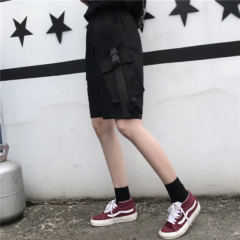 Solid Shorts Women High Street Leisure Daily All-match Elastic Wide Leg Korean Style Pockets Trendy Loose Cool Students Summer