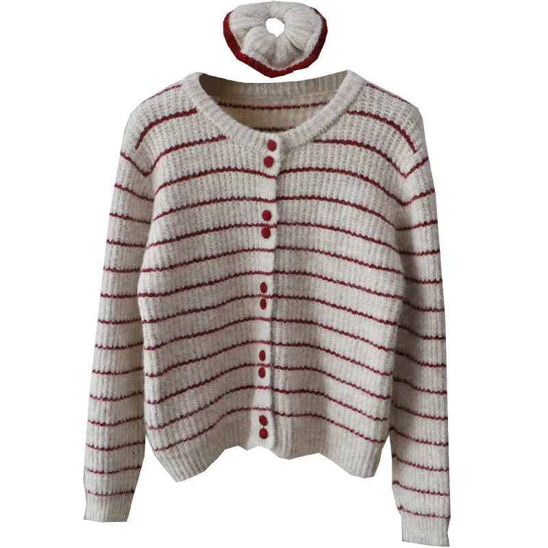 เสื้อคาร์ดิแกนถักลายทางสไตล์เกาหลี แฟชั่นใหม่สำหรับผู้หญิง คอกลม ติดกระดุมแถวเดียว ทรงหลวม สไตล์วินเทจ ลำลอง เนื้อผ้านุ่ม