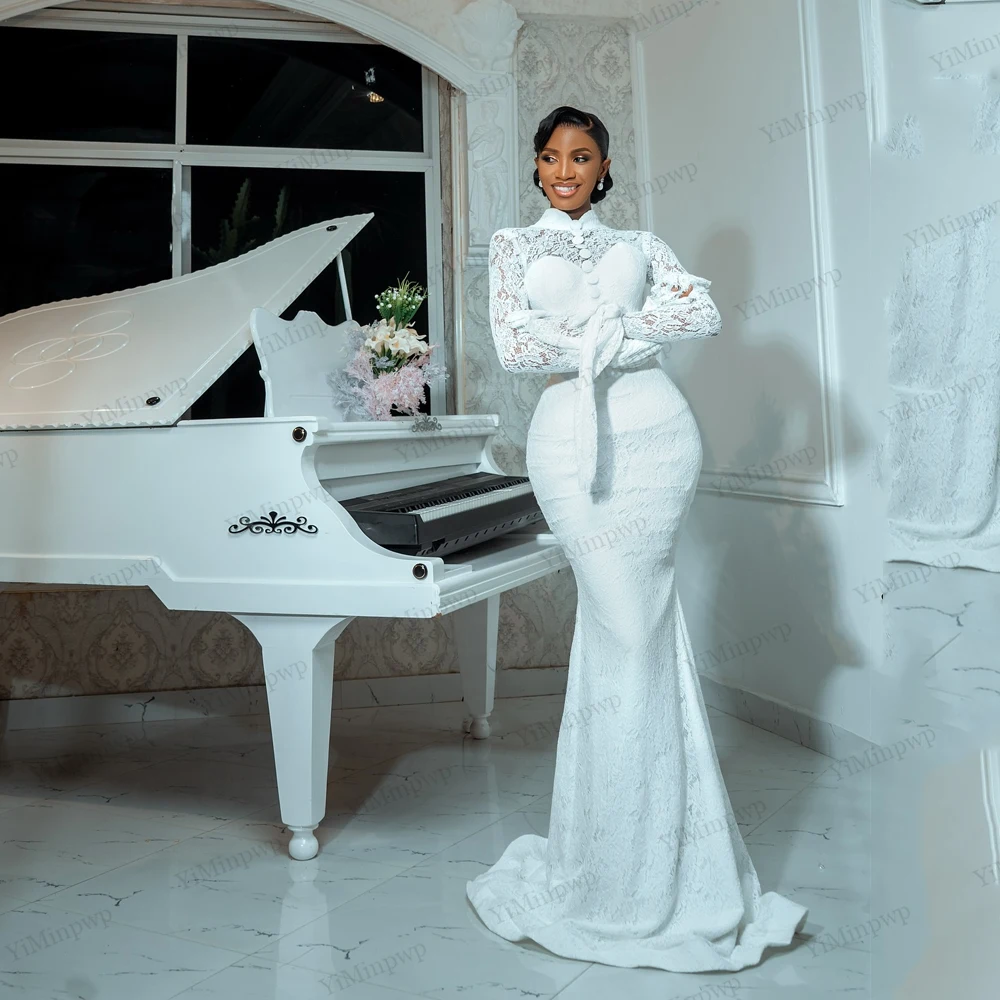 Gaun Pengantin Afrika dengan Aplikasi Renda Mewah, Kerah Tinggi, Lengan Panjang, 2 in 1 dengan Ekor yang Dapat Dilepas, Gaun Pengantin dengan Kancing, Dapat Disesuaikan