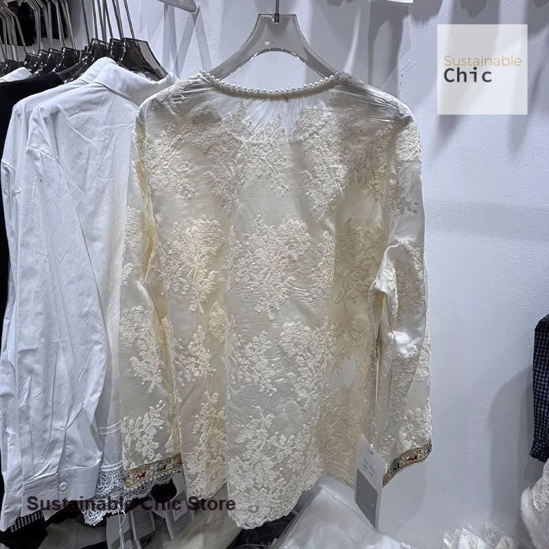Nouveau design chinois sens perlé jacquard brodé dentelle blouse femmes printemps et automne mode à manches longues haut sens blouse