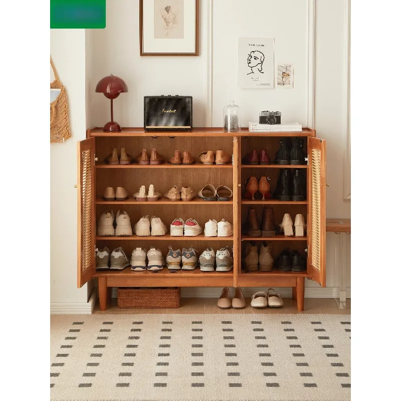 Solid wood shoe cabinet rattan door cherry wood color small apartment home storage shoe rack door storage cabinet