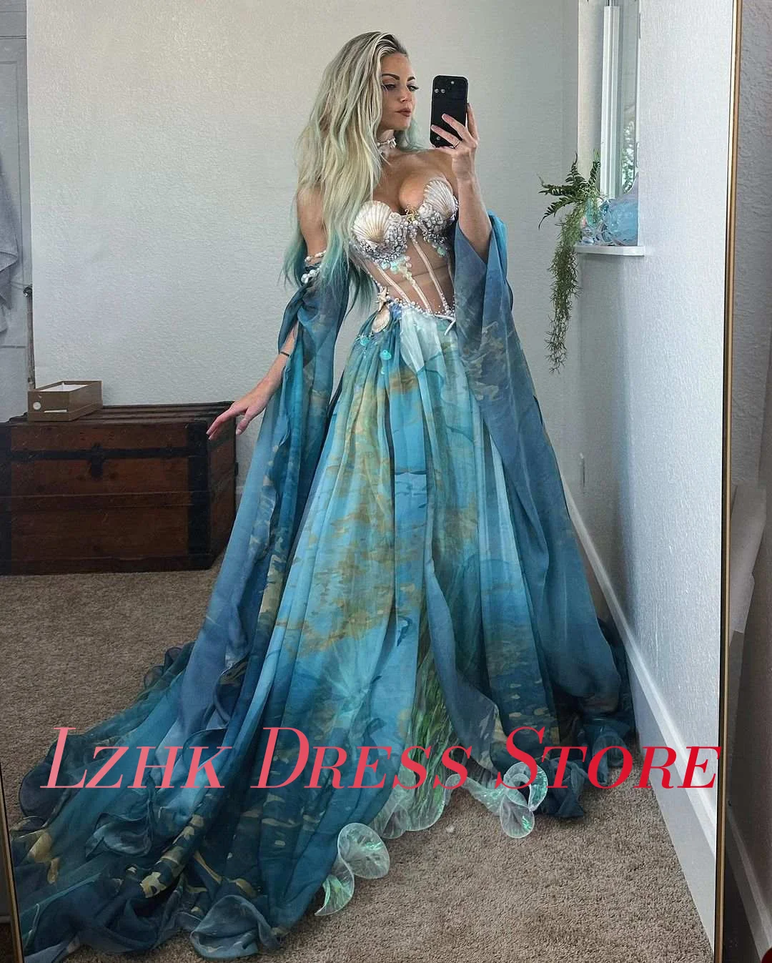 Aangepaste sexy tie-dye tule a-lijn uit de schouder shell parels kralen avondjurk hoge kwaliteit lieverd beroemdheidsjurken