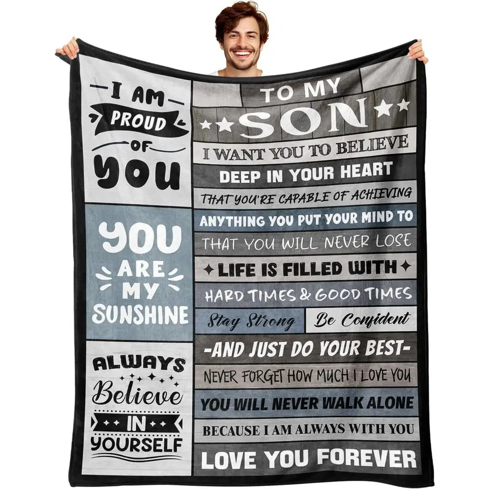 To My Son Flannel Blanket Proud Of You Inspirational Quote Family Love Message Throw Blanket Sofa Bed Couch Nap Blanket Birthday Christmas Gift for Son From Mom Dad Graduation Encouragement Home Decor Bedroom Living Room Motivational Keepsake Home Accent