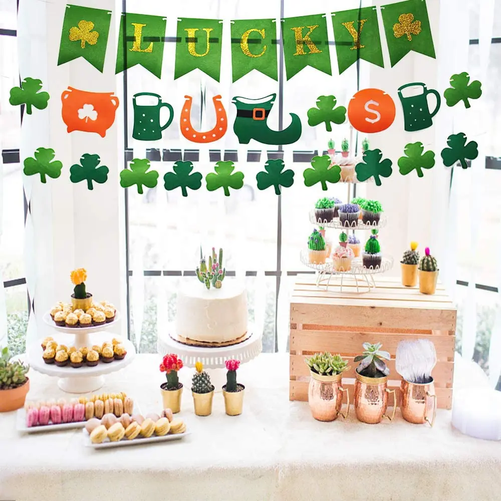 Green Hollow Lucky Irish Shamrock Clover Fabric Triangle Banner Flag St. Patrick’s Day Party Shamrock Garland Hanging Decoration