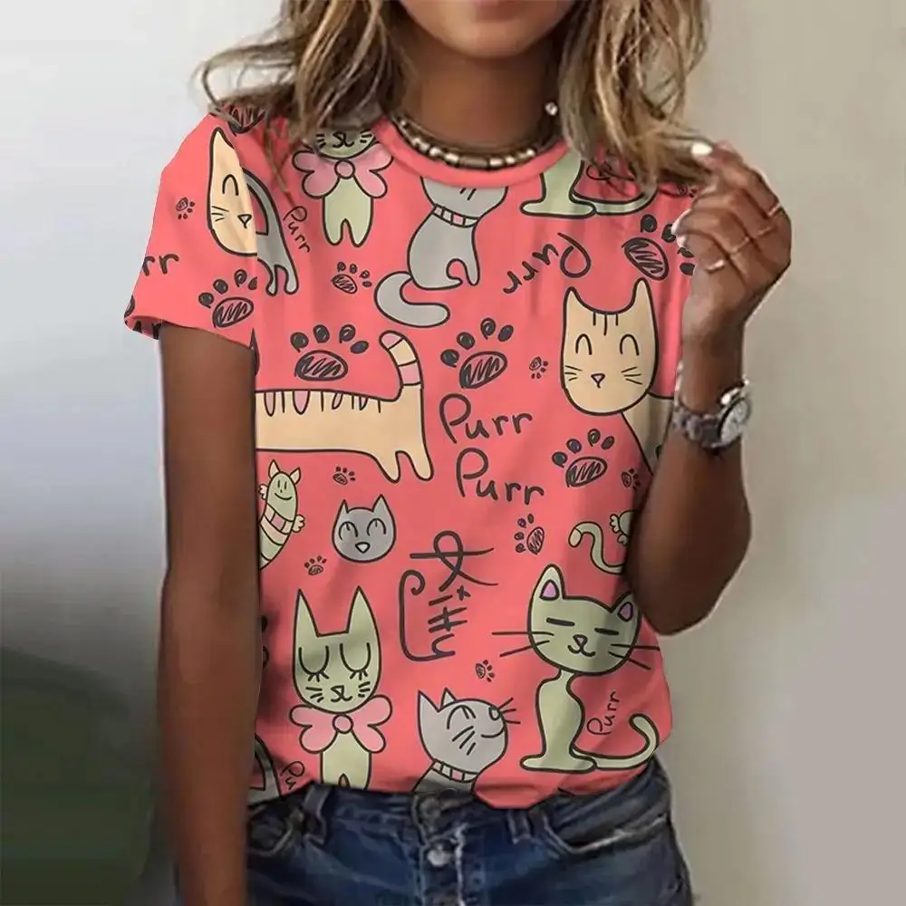 

3D Printed Cartoon Kitten Pattern Women's T-shirt Summer Casual Round Neck Top Short Sleeve Loose T-shirt Daily Short Sleeve Y2K