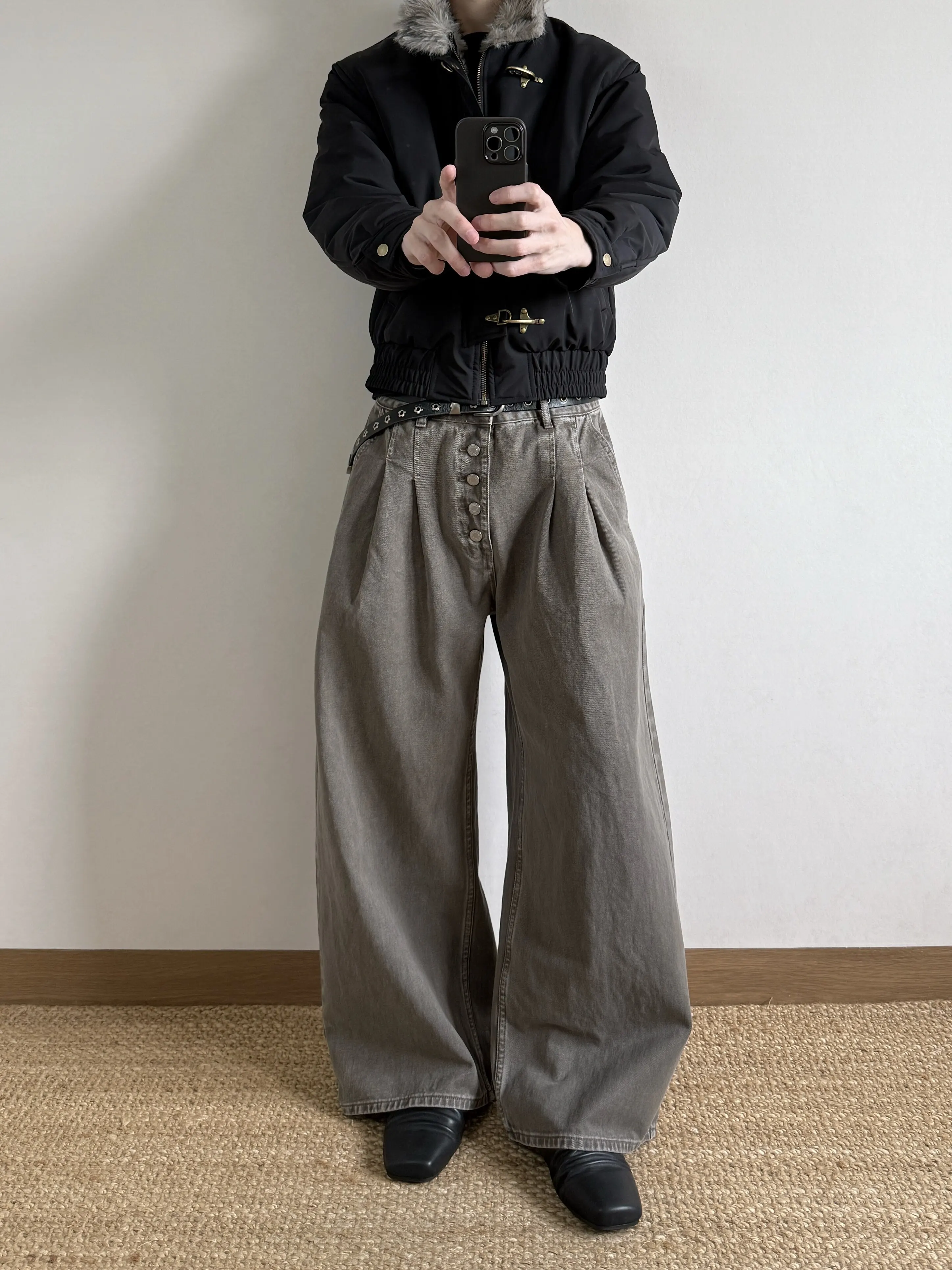 Retro American Vintage Street Five Button Heavyweight Washed Double Pleat Knife Baggy Original Denim Workwear Pants for Men