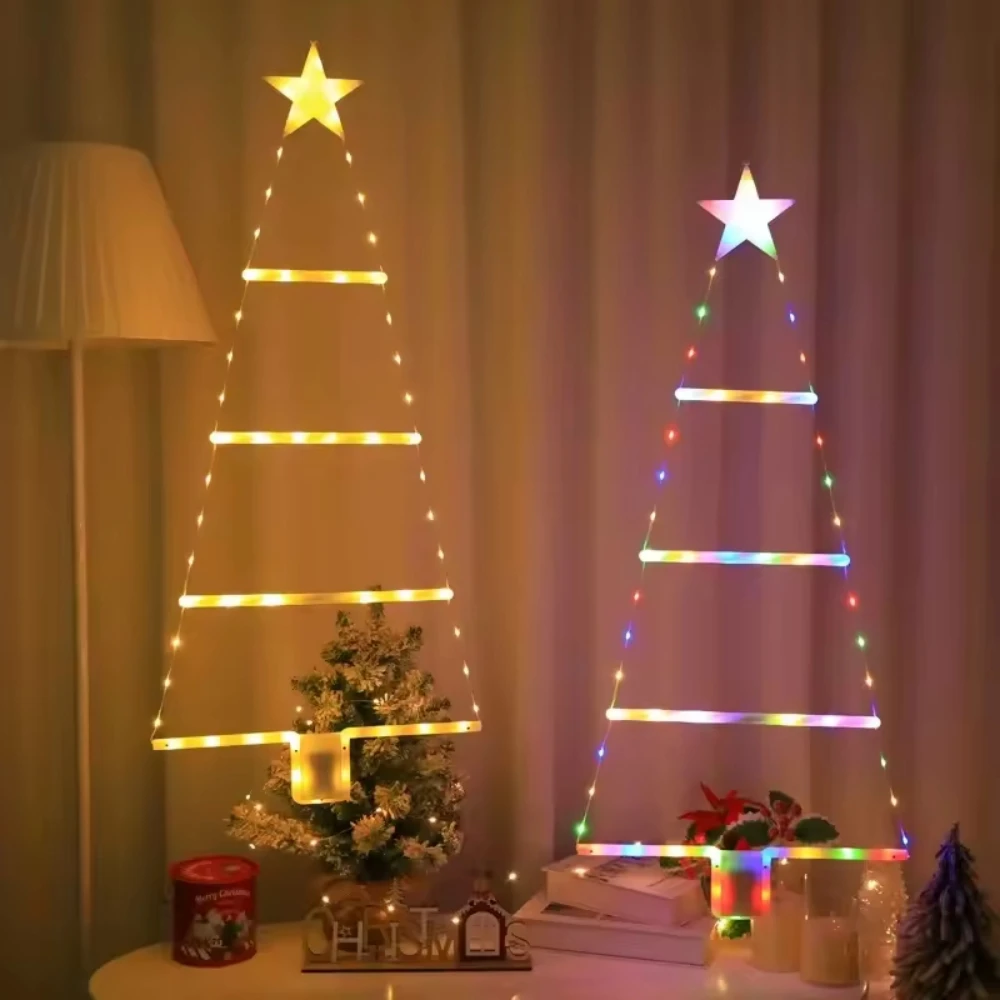 1PC Battery Powered Christmas Tree Ladder Lights, Hanging Fairy Lamp for Balcony Window,Used for Indoor Holiday Party Decoration