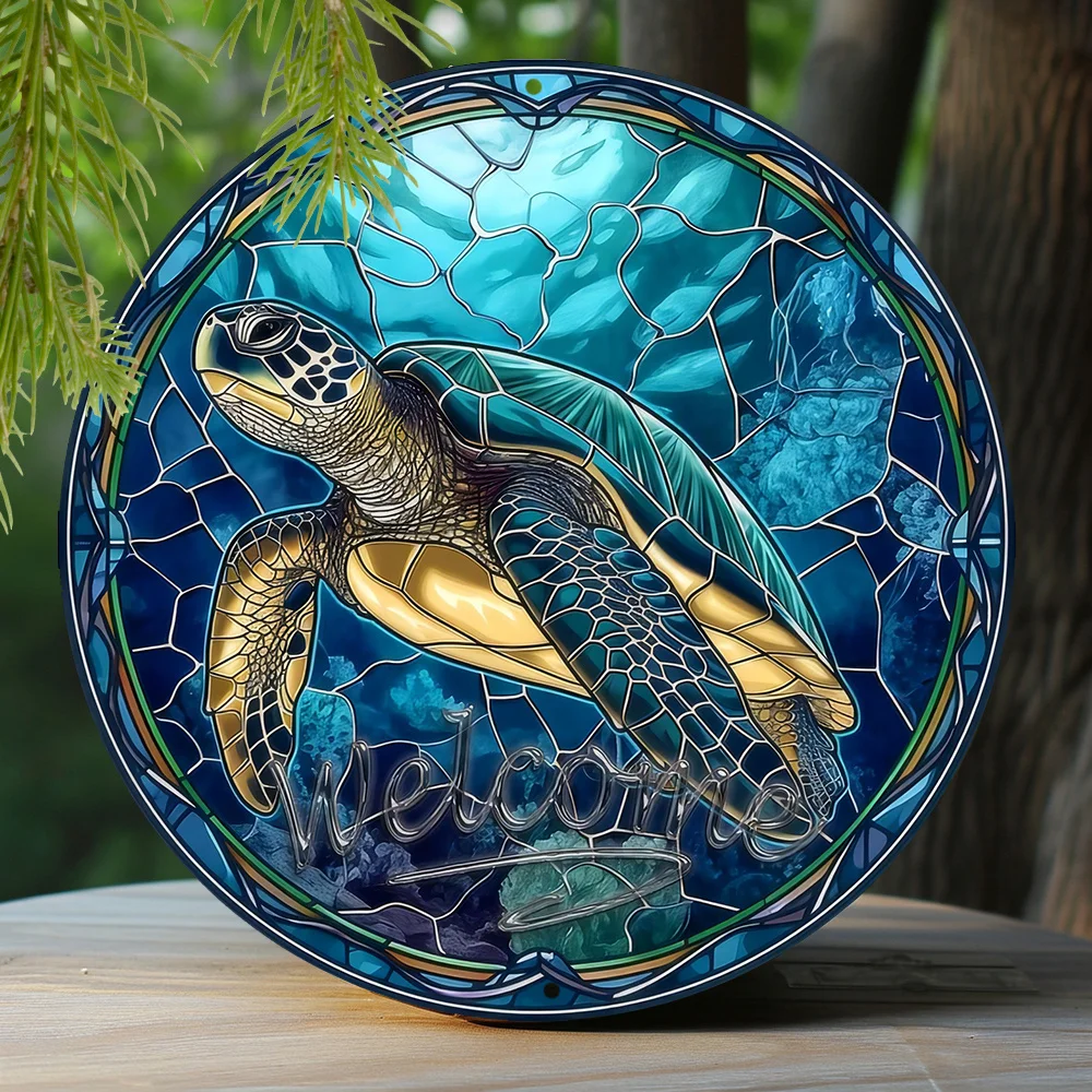 1pc 8x8 Inch Sea Turtle Faux Stained Glass Wreath Sign - Durable Aluminum Metal Construction, Spring Design