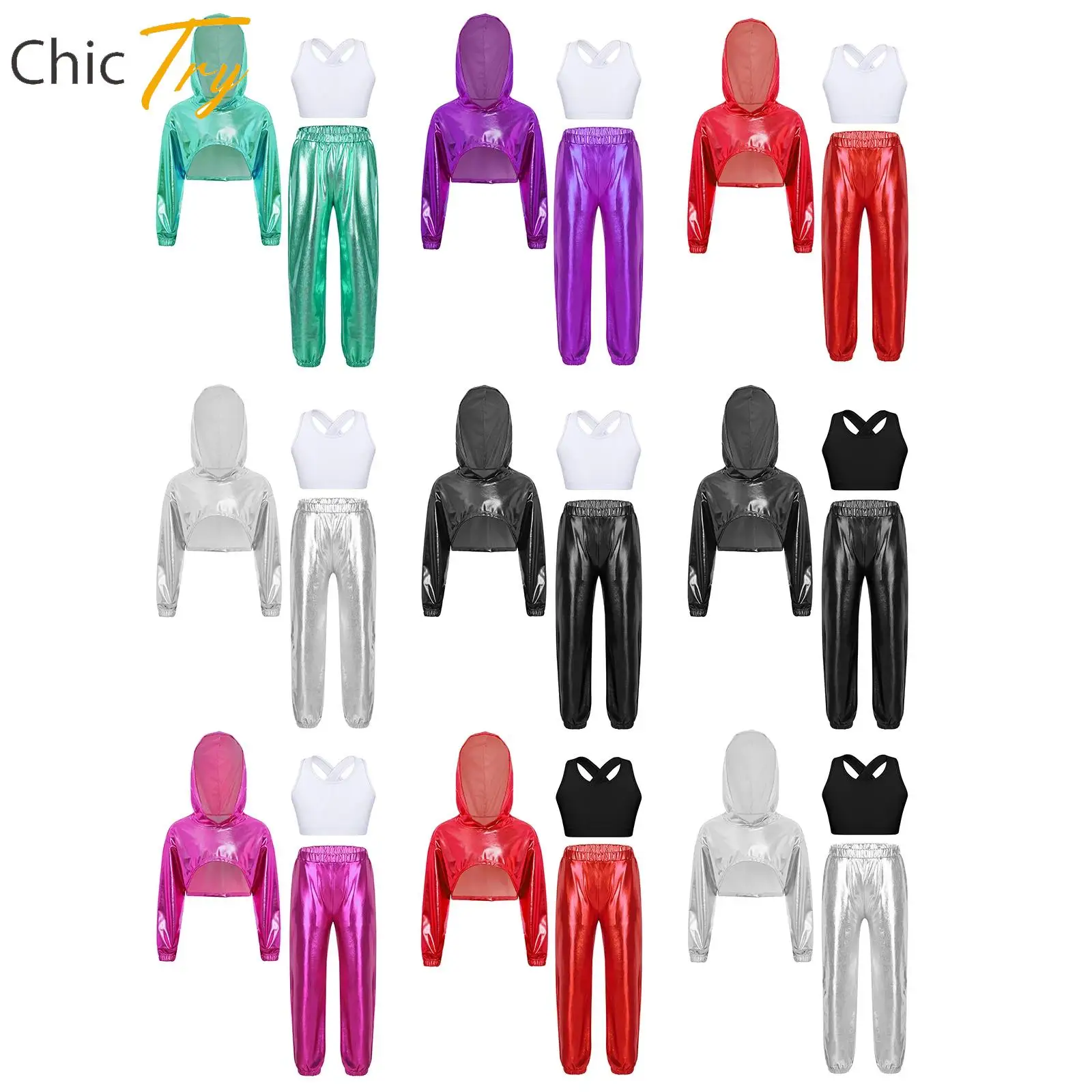 

Girls Hip-Hop Set Fashion Streetwear Kids Long Sleeve Metallic Cropped Hoodie with Vest And Pants Jazz Dance Performance Sets