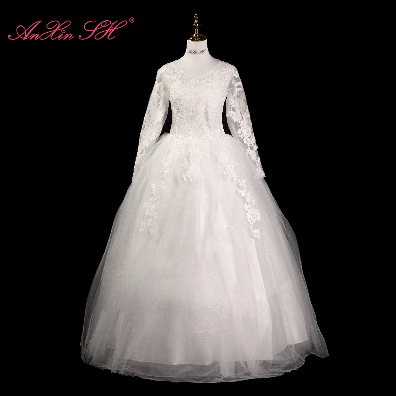 

AnXin SH princess white rose flower lace o neck illusion long sleeve party ball gown lace up bride simple wedding dress