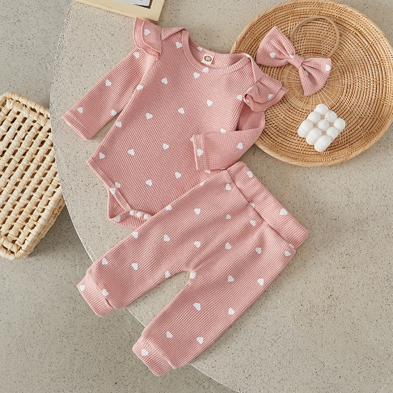 Suefunskry Baby Girls 3Pcs Spring Fall Outfits Long Sleeve Heart Print Romper + Pants + Headband Set Infant Clothes