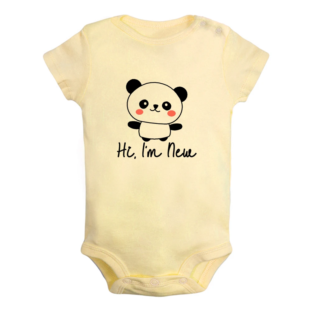 iDzn New Hi, I'm New Panda Fun Graphic Baby Bodysuit Cute Boys Girls Rompers Infant Short Sleeves Jumpsuit Newborn Soft Clothes