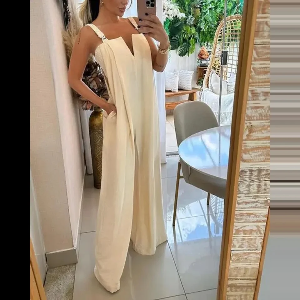 

Summer Fashion Jumpsuits Women 2025 Camisole Jumpsuit Casual Women's Loose Asymmetrical Neck Hollow Pocket Wide Leg Jumpsuit