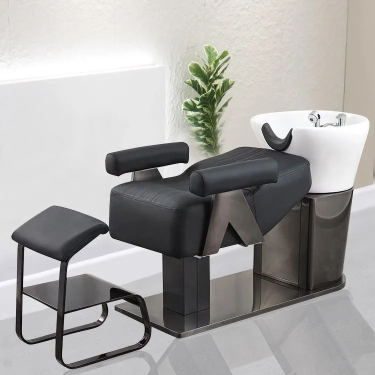 Ceramic basin shampoo bed, high-grade stainless steel for barber shop, hair salon flush bed, semi-reclining