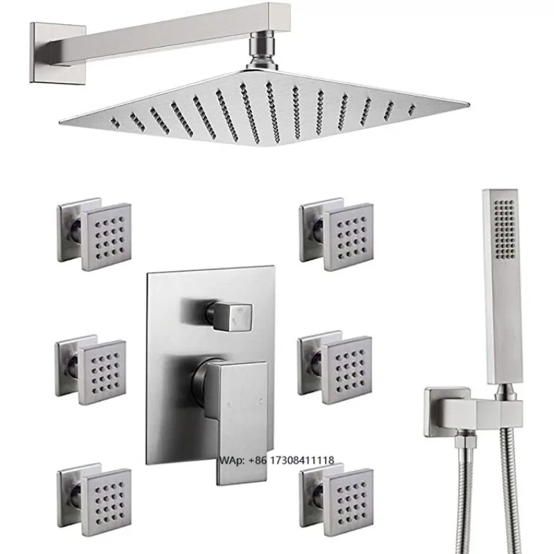 

Матовая никель-латунь, душевая система с дождевой системой, роскошный настенный смеситель для душа для ванной комнаты 12, комбинированный набор