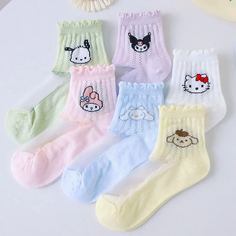 

6pcs Summer Hello Kitty PomPomPurin Anime Kawaii Sanrio Thin Socks Cute Cartoon Children Silk Mesh Princess Stocking Gifts Toys