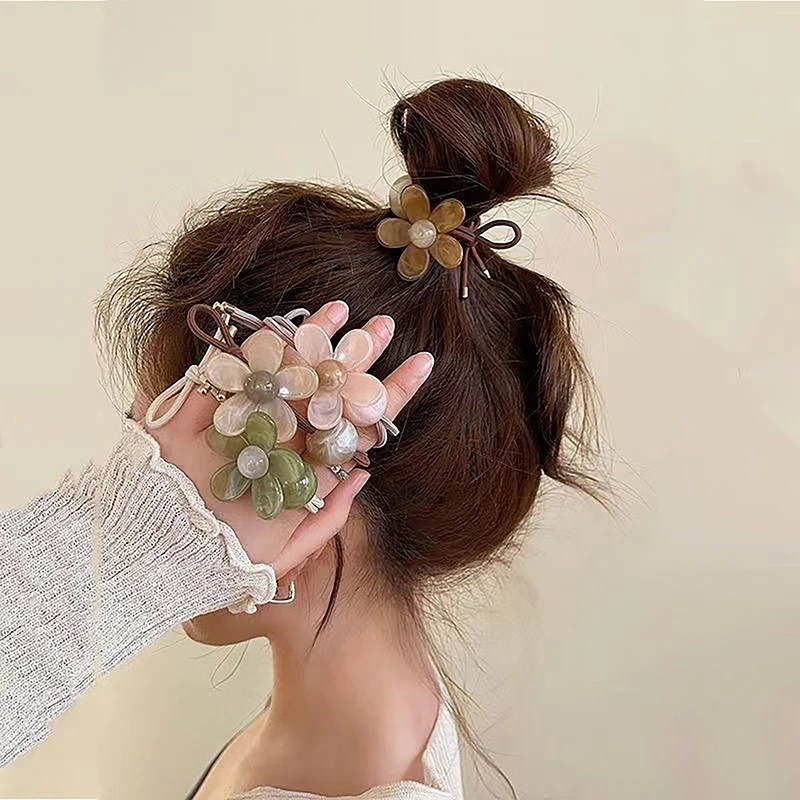 Sweet Acrylic Flower Charms Hair Ties Hair Rope Candy Color Elastic Ponytail Holder Rubber Hair Bands Women Girls Headwear