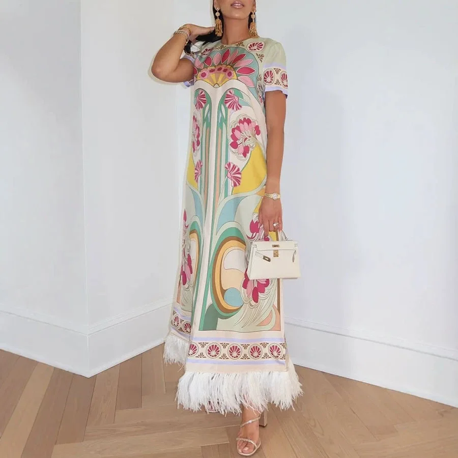 European and American Spring/Summer Fashion Color Ding Positioning Printed Feather Dress Short Sleeve Loose Dress for Women