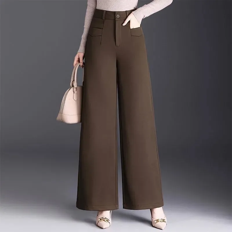 

Костюмная ткань, широкие брюки, осень-зима, новые облегающие универсальные прямые брюки с высокой талией, повседневные драпированные брюки