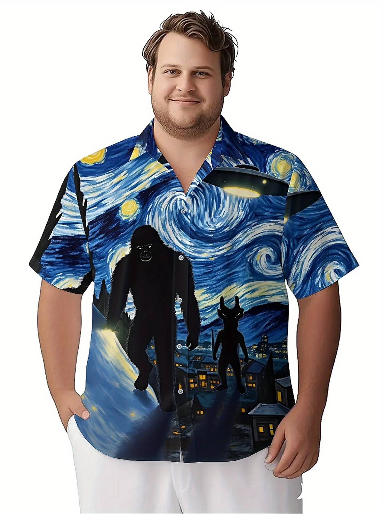 Men's Plus Size Hawaiian Shirts Sasquatch and UFO, Van Gogh Style pattern,Unisex Baggy Aloha Shirts,summer Alternative Clothing