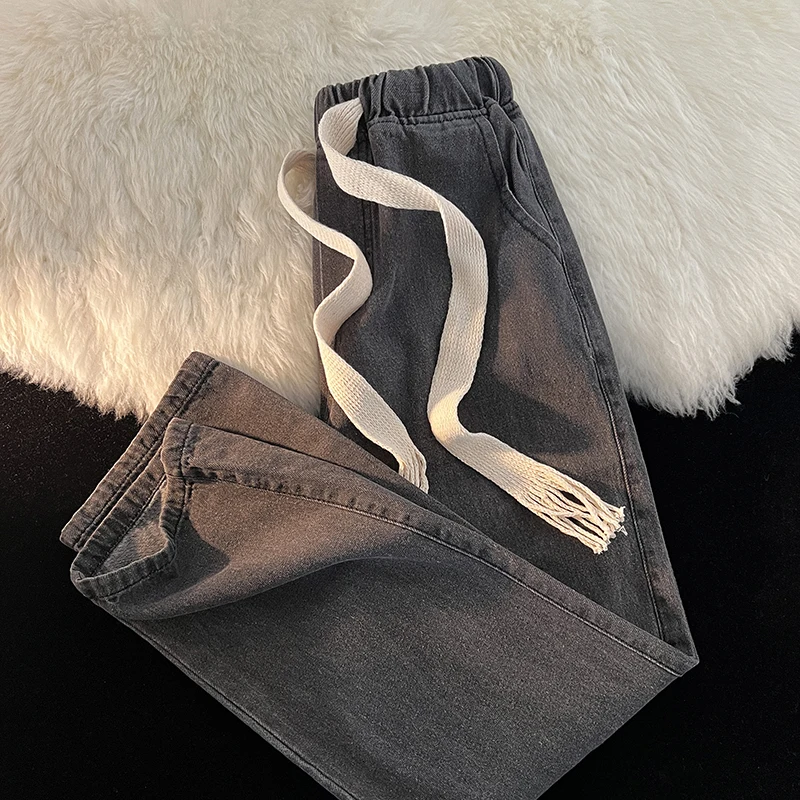 

Men's Dstring Elastic Waist Denim Jeans Sli Haome Oversize American Retro Straight Leg Autumn Winter Casual Pants