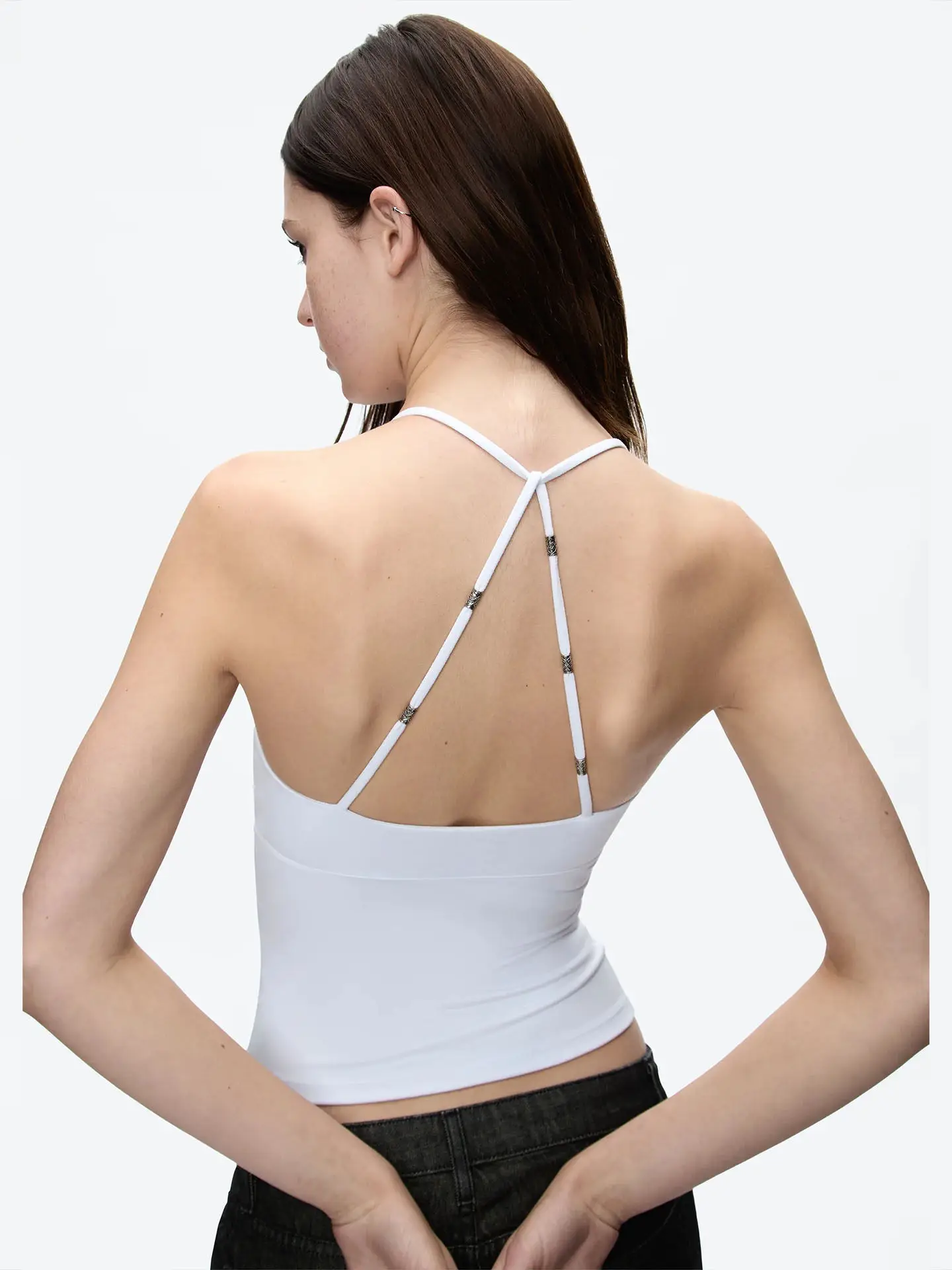 Tank 26SS Celadon Green Cross-Back Halter Neck Crop Top with Cinched Waist and Shoulder Straps
