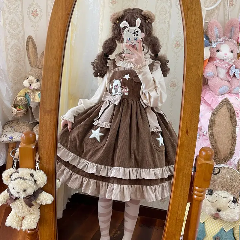 Japanese Sweet Lolita Jsk Dress Victorian Women Cartoon Bear Kawaii Ruffles Party  Girls Cute Princess Strap Dresses