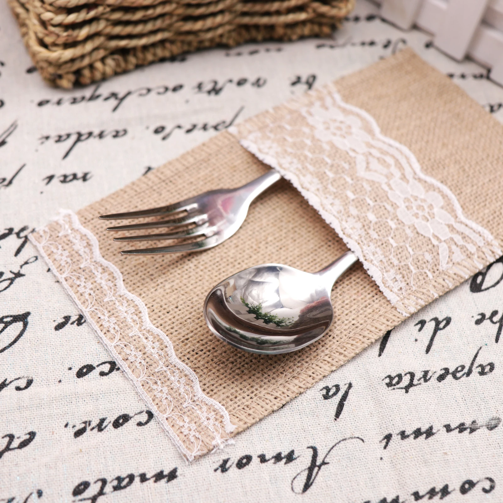 20PCS Cutlery Holder Pouch Bag,Wedding Table Burlap Cutlery Rack Lace Cutlery Bag, Knife, Fork, Wedding Decoration Tableware Bag