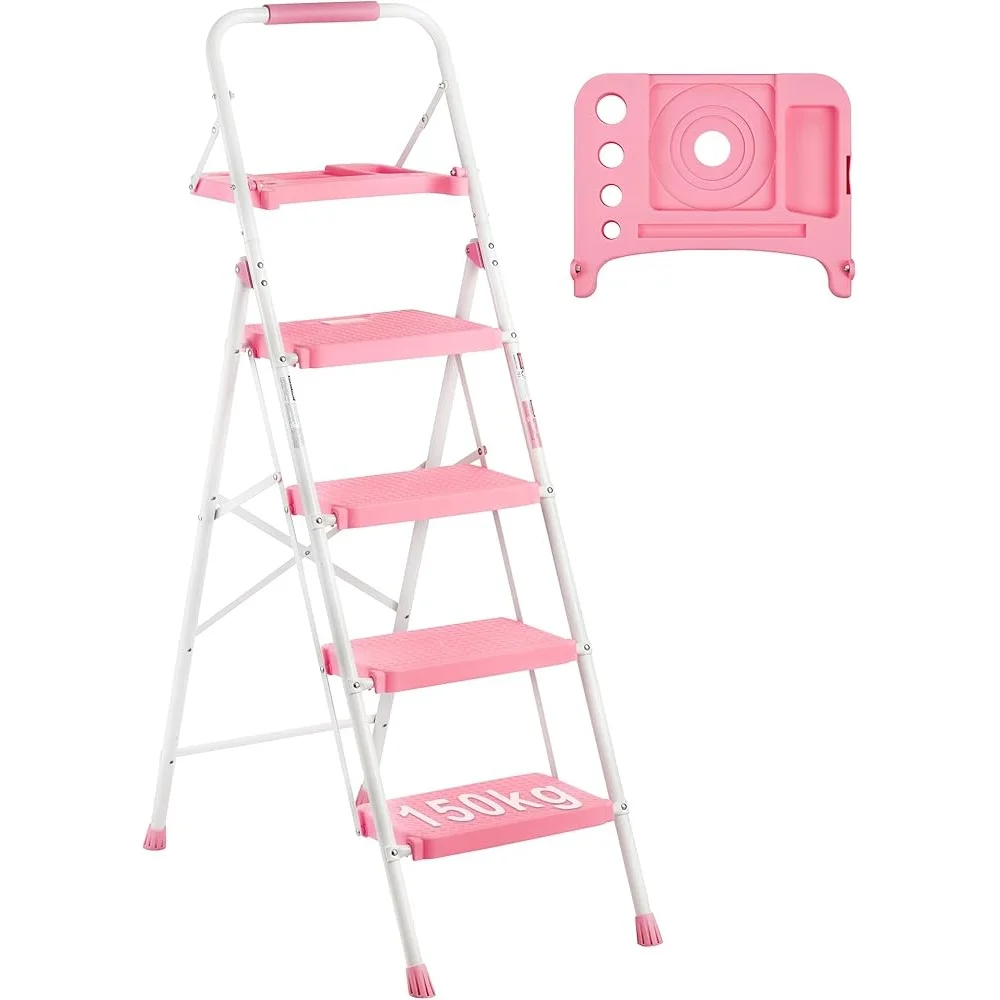 400lbs Max Load 4-Step Folding Ladder Tool Tray Anti-Slip Pedals Portable Lightweight Steel Step Stool Compact Design