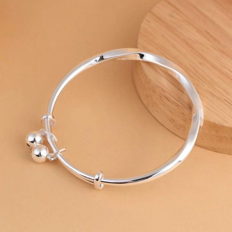 Brazaletes giratorios de plata 999 brillantes para mujer, brazalete ajustable con realce de Moebius retorcido, pulsera con dijes de bolas de plata a la moda