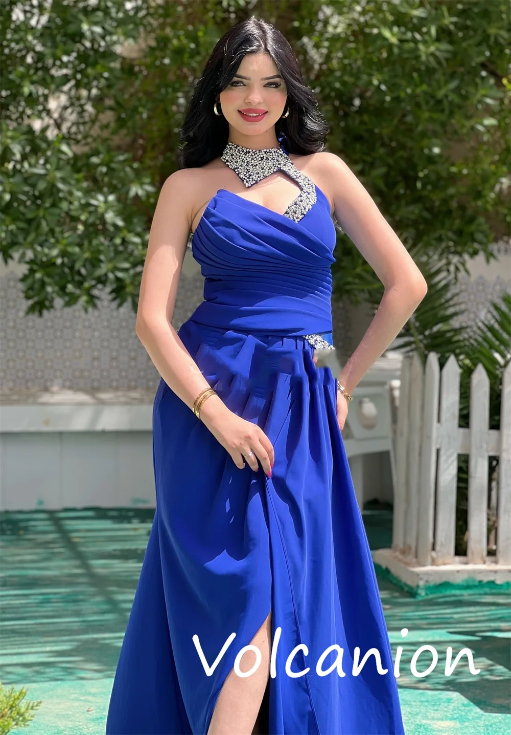 Customized Fashion Sparkle Jersey Sequined Pleat Trumpet Halter Long Dresses Bespoke Occasion Exquisite