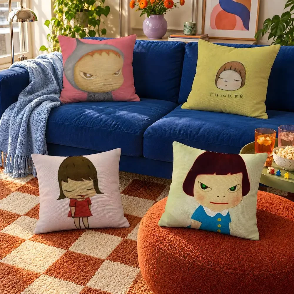 Artist Yoshitomo Nara Angry Girl Pop Art Cushion Cover Throw Pillow Soft Short Plush Cozy Durable For Sofa Bedroom Home Decor