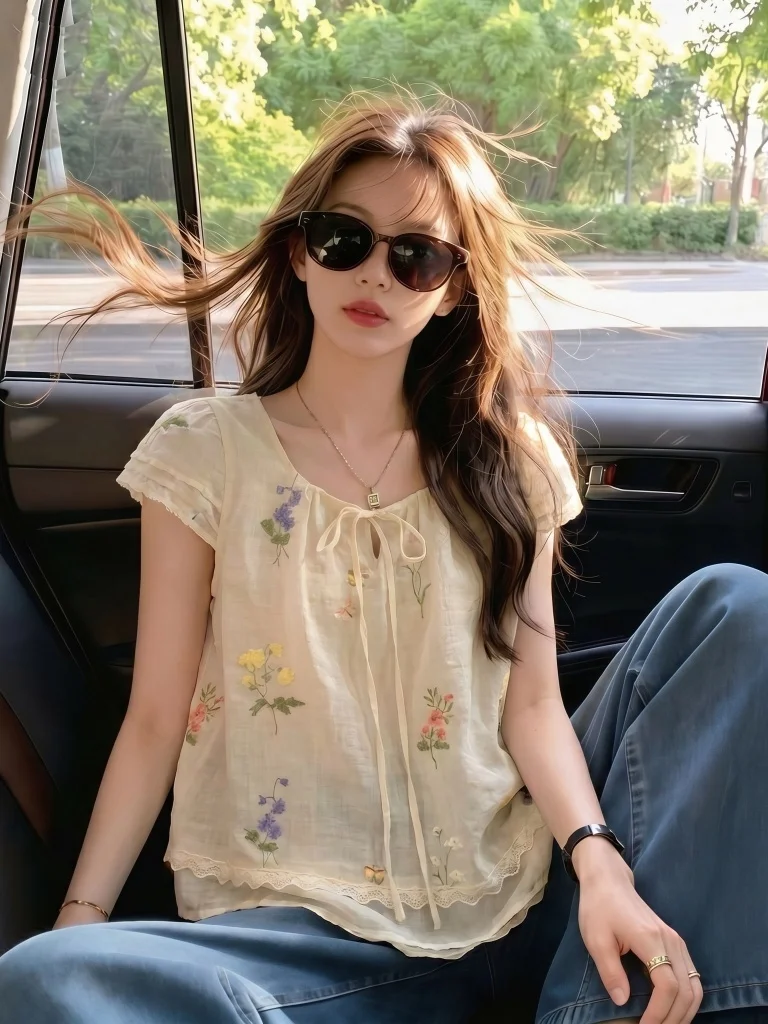 

Floral Embroidery Cotton Linen Short Sleeve Shirt Women's Summer New Style plus Size Doll Shirt Top Breathable Comfortable Ko...