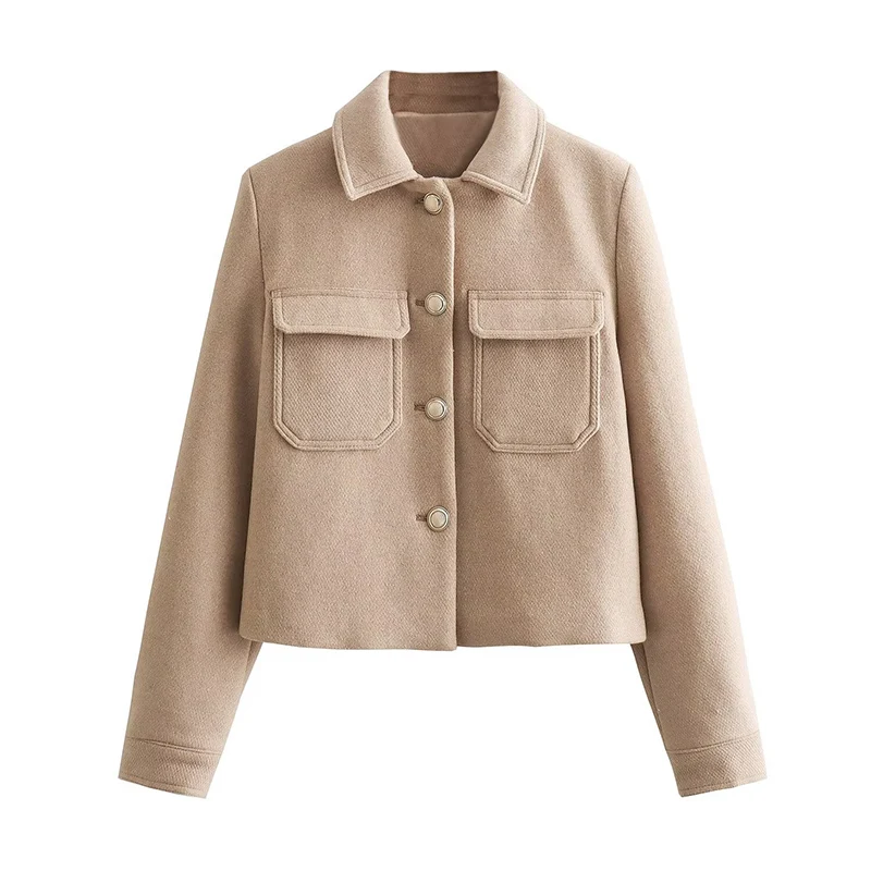 

Euro-American Fashion Single Breasted Jacket Women Big Pocket Metal Buttons Lapel Cropped Coat Loose Streetwear Outerwear Autumn