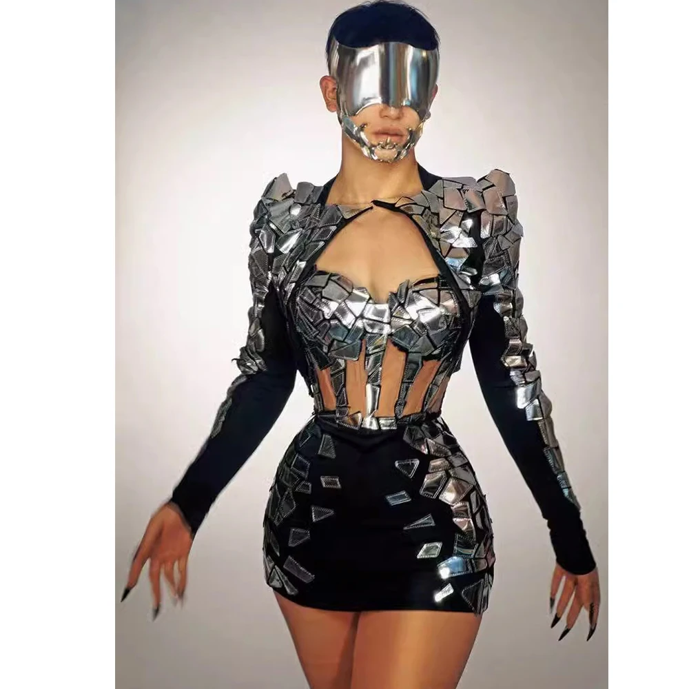 Nightclub Bar Female Singer Mirror Costumes Gold And Silver Hollow Short Dress Women Gogo Cosplay Drag Queen Stage Party Dress