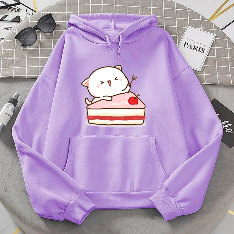 Peach Cat Eat Cherry Cake Hoodie Kawaii Cartoon Pattern Warm Winter Clothes Women Couple Printed Long Sleeve Outerwear