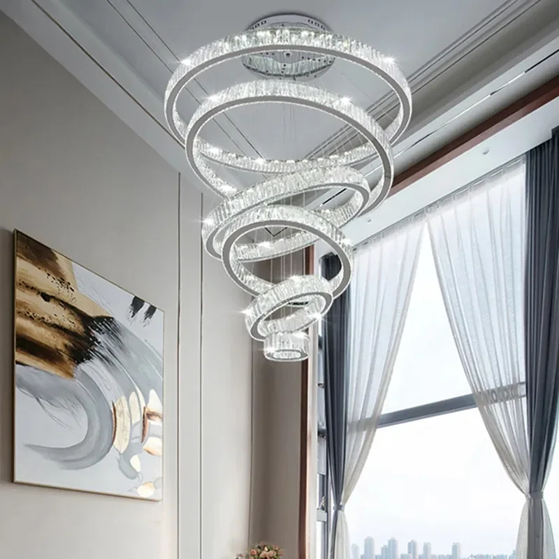 

Remote Luxury Modern Ring Crystal LED Chandelier Lighting Stair Large Crystal Pendant Lamp Home Decor Fixtures Lustre De Salon